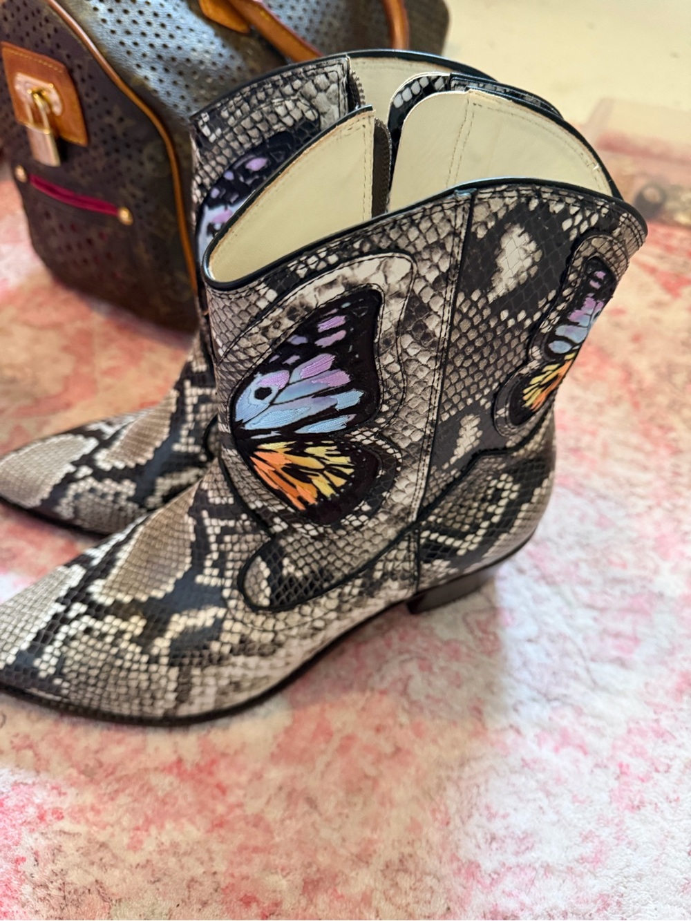 Sophia Webster Black and Gray Snake-Print Ankle Boots with Multicolor Butterfly